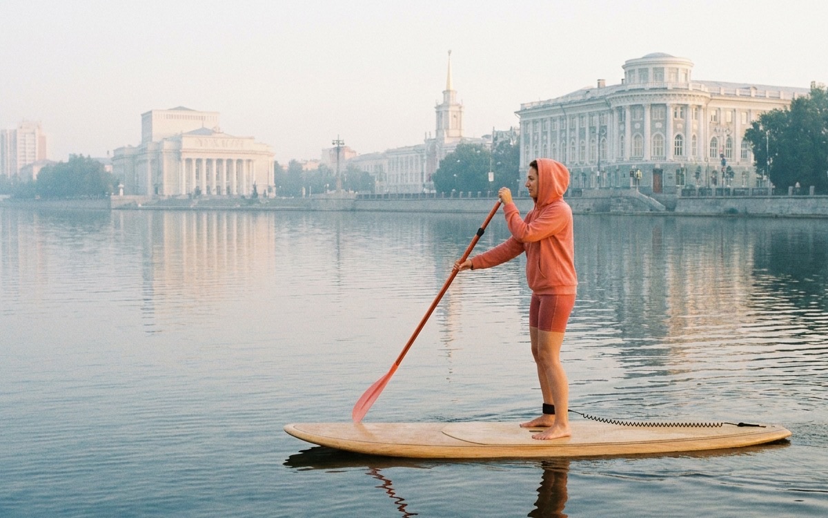 Сапбордист гребёт на SUP по городскому водоёму летним утром — Екатеринбург